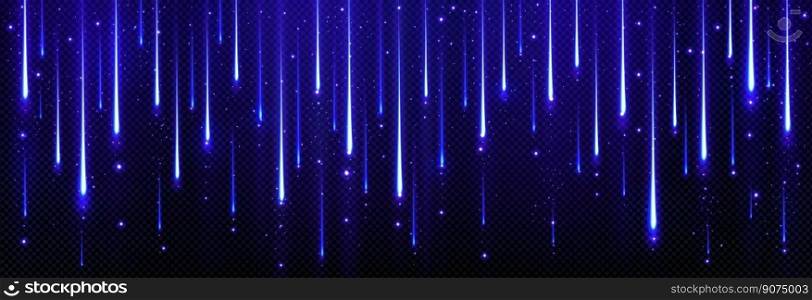 Realistic blue light effect of meteor rain in night sky. Vector illustration of falling stars glowing on transparent background. Abstract shimmering and sparkling illumination pattern, tinsel curtain. Realistic blue light effect of meteor rain in sky