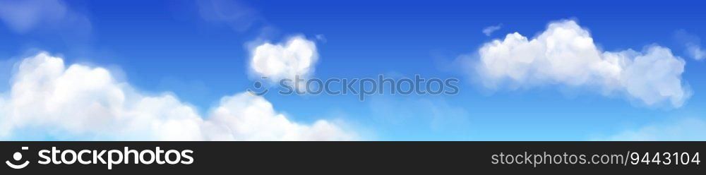 Realistic blue sky with white clouds. Vector illustration of abstract vapor floating in air, heavenly background, beautiful cloudscape on sunny day, summer weather. Airline travel banner backdrop. Realistic blue sky with white clouds