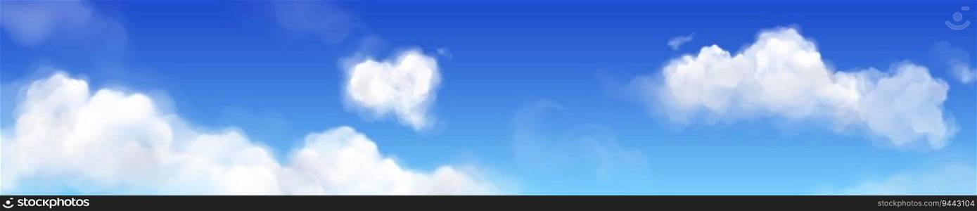 Realistic blue sky with white clouds. Vector illustration of abstract vapor floating in air, heavenly background, beautiful cloudscape on sunny day, summer weather. Airline travel banner backdrop. Realistic blue sky with white clouds