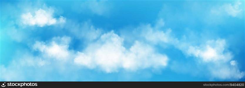 Realistic blue sky with white clouds. Vector illustration of summer day cloudscape, transparent fog or smoke texture, condensate evaporation, gas emission in air. Abstract background, weather forecast. Realistic blue sky with white clouds