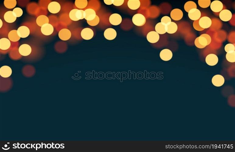 Realistic bokeh blur yellow orange light on dark blue night with blank space abstract background vector illustration.