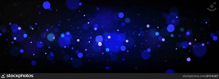 Realistic bokeh light effect isolated on transparent background. Vector illustration of blue sparkles glitter glowing on dark backdrop. Magic dust overlay for festive design, abstract flare texture. Realistic blue bokeh light effect on transparent