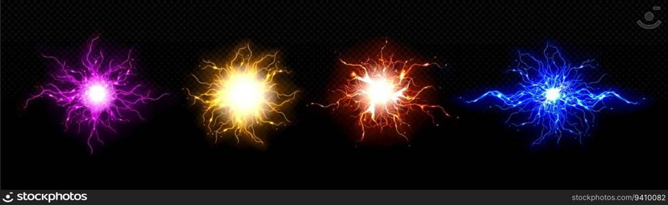 Realistic bolt circle with lightning explosion vector effect. Electric thunder power ball discharge. 3d isolated neon thunderstorm blast laser element. Transparent spark fireball hit illustration. Realistic bolt circle with lightning explosion