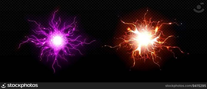 Realistic bolt circle with lightning explosion vector effect. Electric thunder power ball discharge. 3d isolated neon thunderstorm blast laser element. Transparent spark fireball hit illustration. Realistic bolt circle with lightning explosion