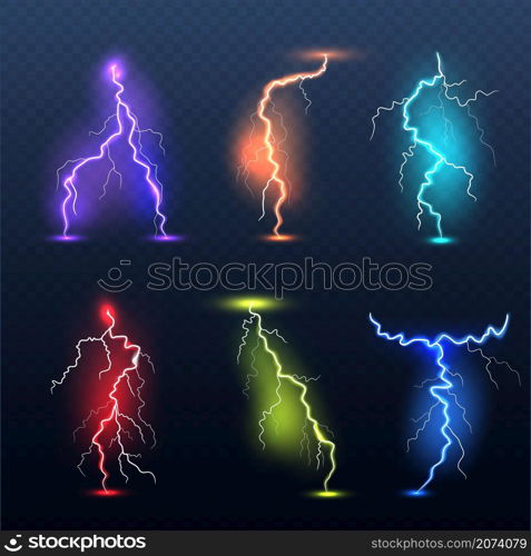 Realistic bolt. Electricity colored symbols danger glowing light electric lamp decent vector set. Illustration lightning charge, flash electricity. Realistic bolt. Electricity colored symbols danger glowing light electric lamp decent vector set