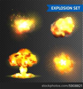 Realistic bomb or fireworks explosions set isolated on transparent background vector illustration. Realistic Explosions Set