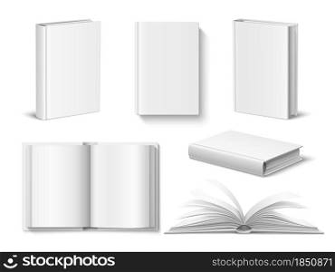 Realistic books mockup. White blank opened and closed book with hardcover, different angles, top and front view, empty pages 3d template vector set. Realistic books mockup. White blank opened and closed book with hardcover, different angles, top and front view, empty pages, vector set