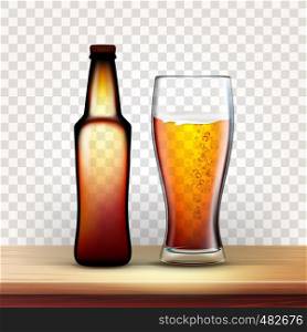 Realistic Bottle And Full Glass Of Red Beer Vector. Container For Foamy Lager Beverage And Goblet On Wooden Table. Mockup Blank Sticker. Image Isolated On Transparency Grid Background. 3d Illustration. Realistic Bottle And Full Glass Of Red Beer Vector