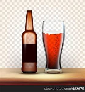 Realistic Bottle And Glass Of Dark Beer Vector. Closed Bottle And Full Goblet Of Foamy Cold Barley Drink. Mockup Blank Sticker. Image Isolated On Transparency Grid Background. 3d Illustration. Realistic Bottle And Glass Of Dark Beer Vector