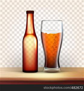 Realistic Bottle And Glass With Bubble Beer Vector. Mockup Of Brown Bottle With Metallic Cap On Top And Blank Label Near Foamy Drink In Goblet Isolated On Transparency Grid Background. 3d Illustration. Realistic Bottle And Glass With Bubble Beer Vector