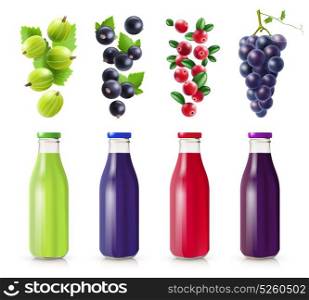 Realistic Bottles With Berry Juice Set. Realistic bottles with berry juice set from gooseberry black currant cranberry and grape isolated vector illustration