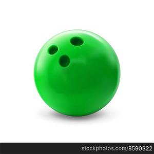 Realistic bowling ball, isolated vector 3d green sphere with holes for playing with pins on alley. Glossy ball object, professional sports and recreational activity equipment, plastic throw bowl. Realistic 3d bowling ball, isolated green sphere