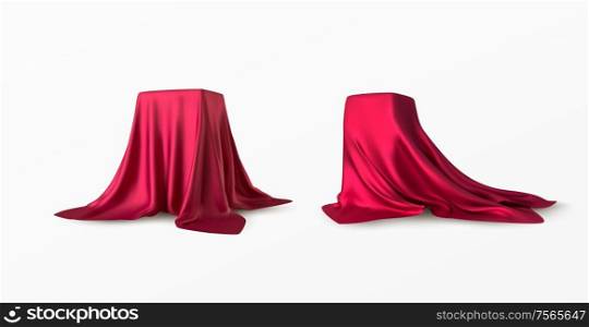 Realistic box covered with red silk cloth. Isolated on white background. Satin fabric wave texture material. Textile design, fabric. Vector illustration EPS10. Realistic box covered with red silk cloth. Isolated on white background. Satin fabric wave texture material. Textile design, fabric. Vector illustration