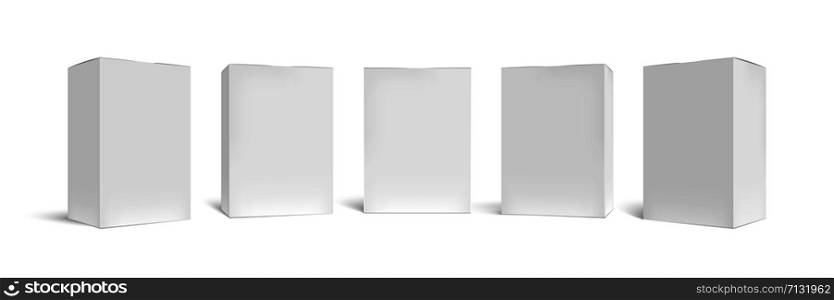 Realistic box mock up. Rectangular packaging boxes, white cardboard and blank vertical pack 3D vector template set. Closed square packing, paper containers, shipping cases cliparts collection. Realistic box mock up. Rectangular packaging boxes, white cardboard and blank vertical pack 3D vector template set. Closed square packing, carton containers, merchandise cases cliparts collection