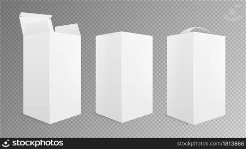 Realistic box mockup. Open closed package, take away pack with handle. Isolated white empty cardboard 3d boxes vector illustration. Empty blank realistic, package paper, product packaging. Realistic box mockup. Open closed package, take away pack with handle. Isolated white empty cardboard 3d boxes vector illustration
