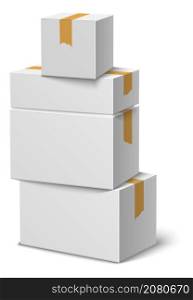 Realistic box stack. White paper packages mockup isolated on white background. Realistic box stack. White paper packages mockup