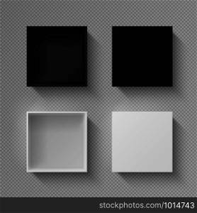 Realistic box top view. Open black blank package mockup on transparent background. Vector image white empty square mysterious container for holiday gift with shadow. Realistic box top view. Open black blank package mockup on transparent background. Vector white empty square mysterious container for holiday gift