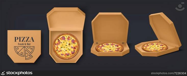 Realistic box with pizza. 3D cardboard open and closed food containers, empty and with pizza. Vector package mockup design for brand design identity restaurant delivery. Realistic box with pizza. 3D cardboard open and closed food containers, empty and with pizza. Vector package mockup design for brand identity
