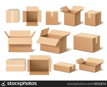 Realistic boxes. 3d cardboard opened and closed packaging template, shipping containers, post delivery, empty paper objects, brown box vector set. Realistic boxes. 3d cardboard opened and closed packaging template, shipping containers, post delivery, empty paper objects, vector set