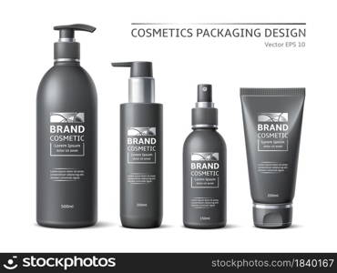 Realistic brand cosmetic bottles. Minimalist labeled black containers design, beauty products packages, pumps and spray mockups of package vector set. Realistic brand cosmetic bottles. Minimalist labeled black containers design, beauty products packages, pumps and spray mockups. Vector set