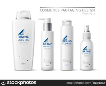 Realistic brand cosmetic bottles. White design products pack, 3d containers mockup, skin care means with different dispensers and bottles vector set. Realistic brand cosmetic bottles. White design products pack, 3d containers mockup, skin care means with different dispensers. Vector set
