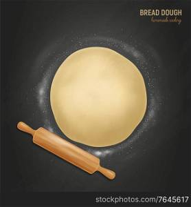 Realistic bread dough flour background with text and composition of flatten dough flour and rolling pin vector illustration