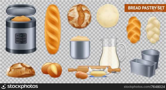 Realistic bread pastry transparent set with isolated images of loafs and kitchenware for baking with breadmaker vector illustration