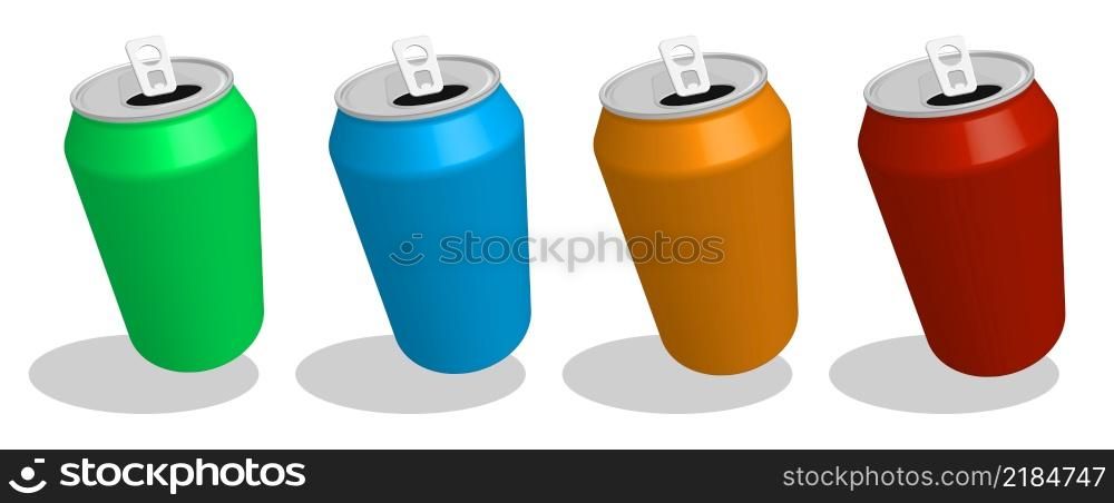 realistic bright aluminum can for soft drinks. Template for advertising on the product with your tagline. 3d vector isolated on white background