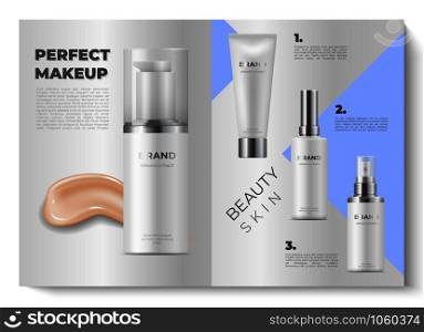 Realistic brochure design. 3d mock up open cosmetic magazines. Beauty catalog. Vector design illustration cosmetics advertise product with bokeh effect on gray background. Realistic brochure design. 3d mock up open cosmetic magazines. Beauty catalog. Vector design illustration cosmetics advertise with bokeh effect