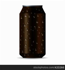 Realistic brown aluminum can with drops isolated on a white background. Realistic brown aluminum can with drops