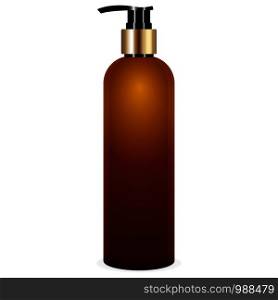 Realistic brown bottle with pump of liquid soap vector illustration. Cosmetic bottle for a cream, shampoo, oil, gel, soap. Mock up bottle.. Realistic brown bottle with pump of liquid soap