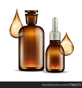 Realistic brown glass bottles for oil cosmetics isolated on white background. Vector illustration. Realistic brown glass bottles for oil cosmetics