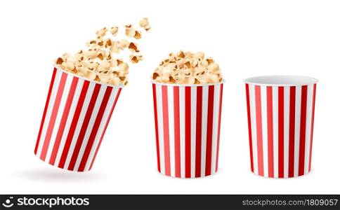 Realistic bucket popcorn. 3d corn snacks paper cups, striped red white packaging empty, full, and with flying flakes buckets, cinema salty and caramel fast food, dry souffles. Vector isolated concept. Realistic bucket popcorn. 3d corn snacks paper cups, striped red white packaging empty, full, and with flying flakes buckets, cinema salty and caramel fast food, dry souffles vector concept