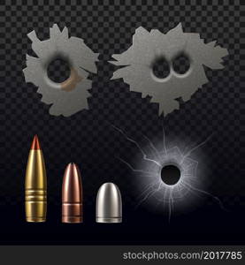 Realistic bullet holes. 3d hole from shots in the metal surface and glass, shells different caliber types, breaking and cracks, military weapon elements, vector isolated on transparent background set. Realistic bullet holes. 3d hole from shots in the metal surface and glass, shells different caliber types, breaking and cracks, military weapon elements, vector isolated set