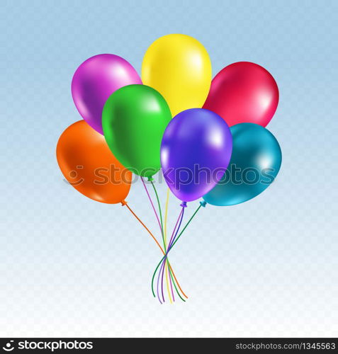 Realistic bunch of flying helium balloons. Birthday party balloon set isolated on transparent background. Premium quality vector illustration.