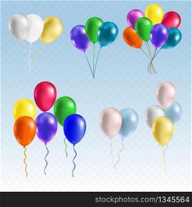 Realistic bunch of flying helium balloons. Birthday party balloon set isolated on transparent background. Premium quality vector illustration.