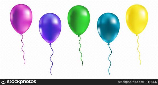 Realistic bunch of glossy flying helium balloons. Birthday party balloon composition isolated on transparent background. Premium quality vector illustration.