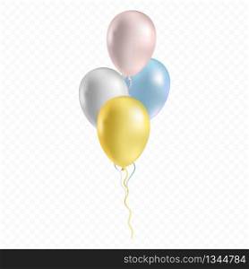 Realistic bunch of glossy flying helium balloons. Birthday party pink, silver, blue and gold balloons isolated on transparent background. Premium quality vector illustration.