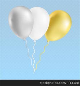 Realistic bunch of glossy flying helium balloons. Birthday party silver, white and gold balloons isolated on blue sky background. Premium quality vector illustration.