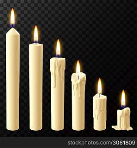 Realistic burning candle. Wax candles reflow stages, holiday xmas or church burning wick candles vector isolated realistic icons set. Taper of different size with flame illustration. Realistic burning candle. Wax candles reflow stages, holiday xmas or church burning wick candles vector isolated realistic icons set