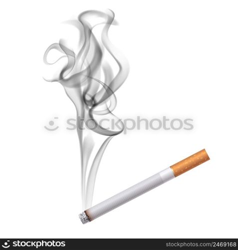 Realistic burning cigarette in classic paper image with half transparent blurry dark smoke on blank background vector illustration. Cigarette Dark Smoke Background