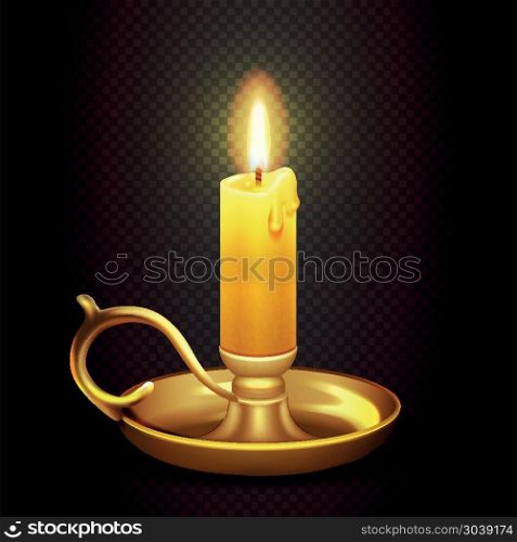 Realistic burning romantic candle isolated on transparent plaid background vector illustration. Realistic burning romantic candle isolated on transparent plaid background vector illustration. Antique brass candelabra with wax candle