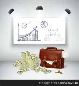 Realistic Business Financial Template. Realistic business financial template with leather briefcase money cash blackboard sketch diagram and spotlights isolated vector illustration