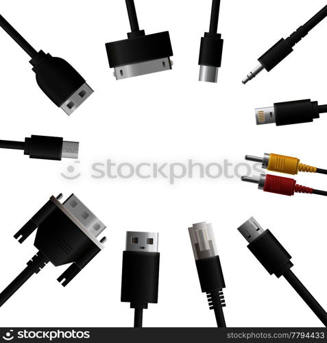 Realistic cable connectors background with round composition of computer audio video and data transfer wire plugs vector illustration. Multimedia Cables Round Composition