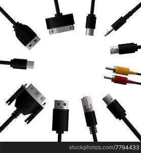 Realistic cable connectors background with round composition of computer audio video and data transfer wire plugs vector illustration. Multimedia Cables Round Composition
