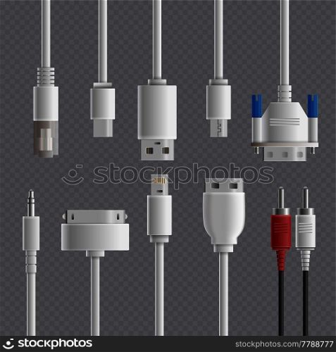 Realistic cable connectors types transparent set with images of computer and multimedia connectors on transparent background vector illustration. Cable Connectors Transparent Set