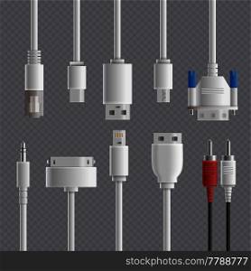 Realistic cable connectors types transparent set with images of computer and multimedia connectors on transparent background vector illustration. Cable Connectors Transparent Set