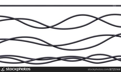 Realistic cables set, black flexible electrical wires with plastic braid isolated on white background. Power or network line, connection and telecommunication equipment, 3d vector illustration. Realistic cables set, flexible electrical wires