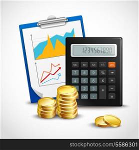 Realistic calculator clipboard and golden coins isolated on white background vector illustration