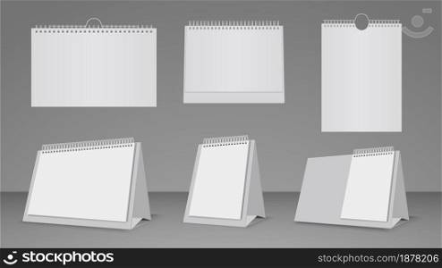 Realistic calendar templates. Wall and table blank paper calendars mockup vector set. Blank office empty calendar, mockup page organize binder illustration. Realistic calendar templates. Wall and table blank paper calendars mockup vector set